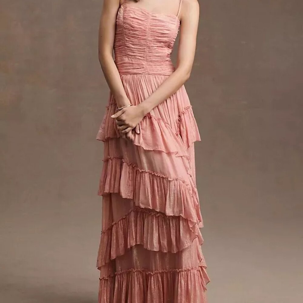 Anthropologie x BHLDN Jessa Asymmetrical Ruffled Drop-Waist Gown Dress